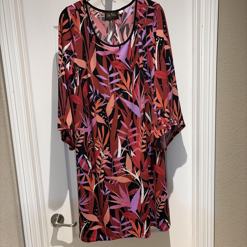 Bob Mackie Wearable Art Women Large Red Multi Tropical Paradise Knit Dress